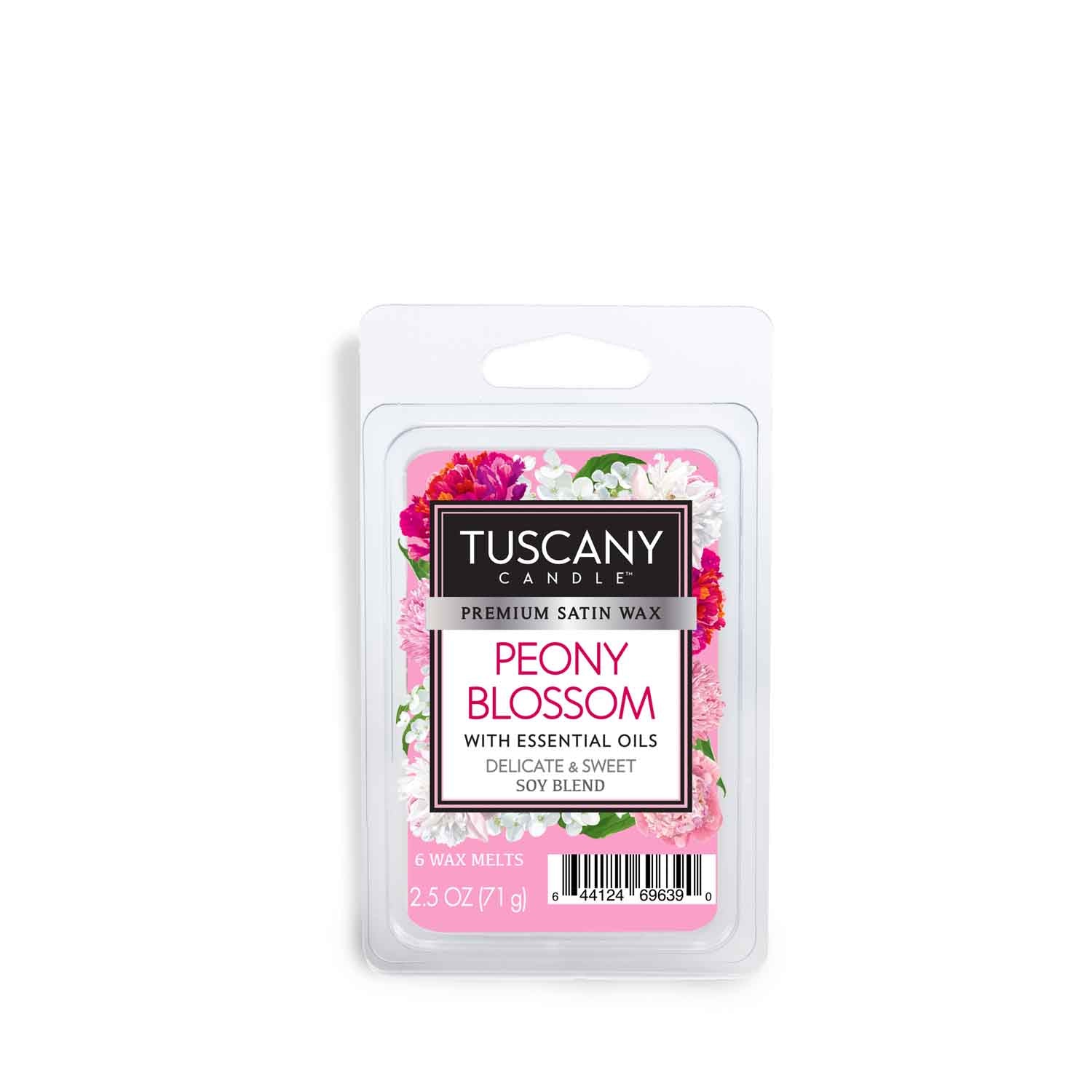 A bright pink wax melt bar from Tuscany Candle called "Peony Blossom"