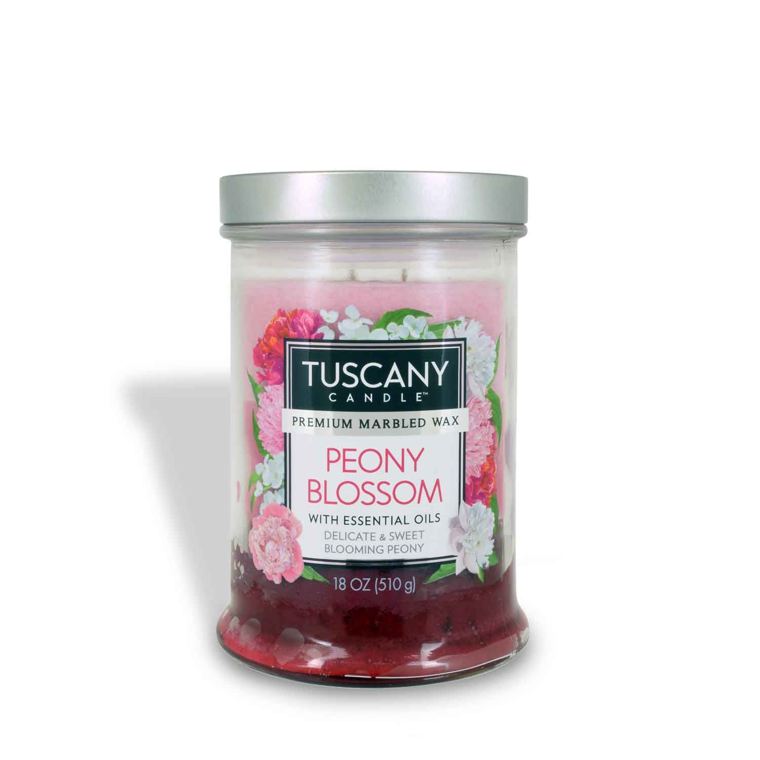 Tuscany Candle® EVD Peony Blossom Long-Lasting Scented Jar Candle (18 oz) with fragrance notes.