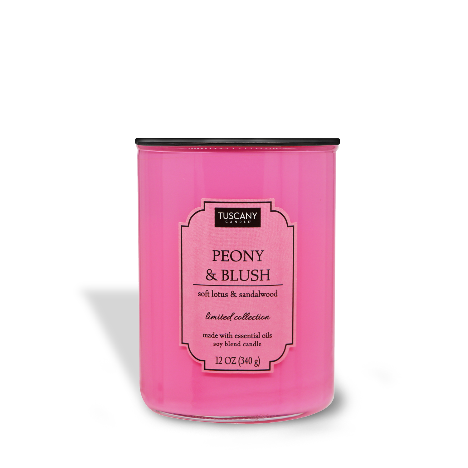 A pink Tuscany Candle® EVD Peony & Blush scented candle in a tin container from the Colorsplash collection, labeled with fragrance notes of soft lotus and sandalwood.