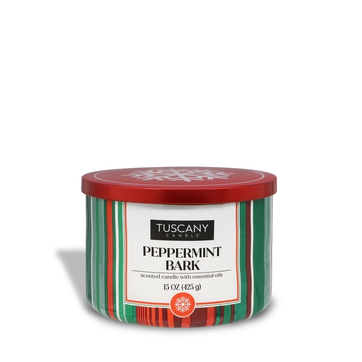 A Tuscany Candle® SEASONAL Peppermint Bark Scented Jar Candle, weighing 15 oz (425 g), features a round container with a red lid and a striped green, red, and white design.