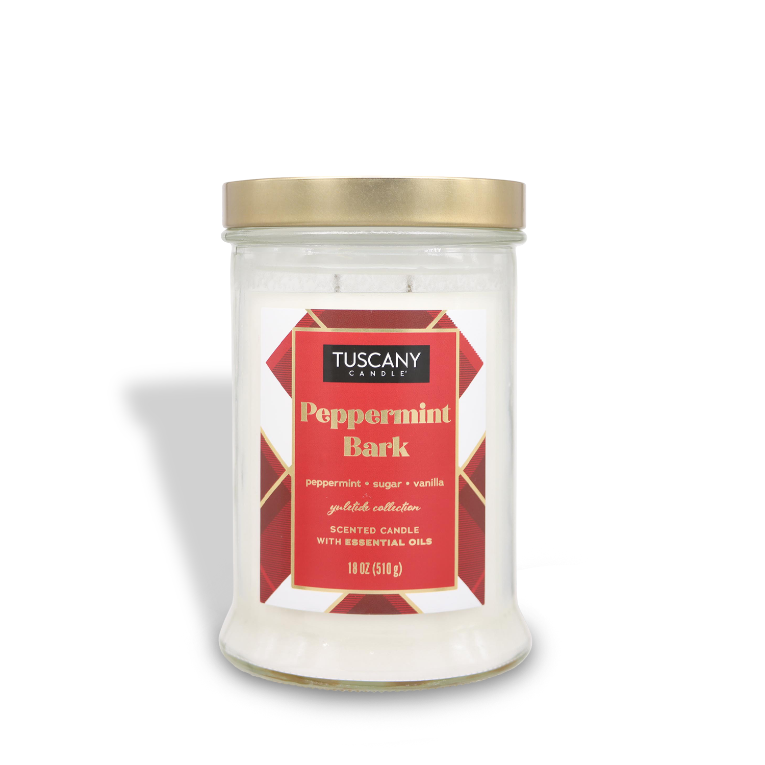 An 18 oz jar candle from the Winter Flannels Collection, labeled "Tuscany Candle® SEASONAL," with the scent "Peppermint Bark," featuring notes of peppermint, sugar, and vanilla, complete with a gold lid.