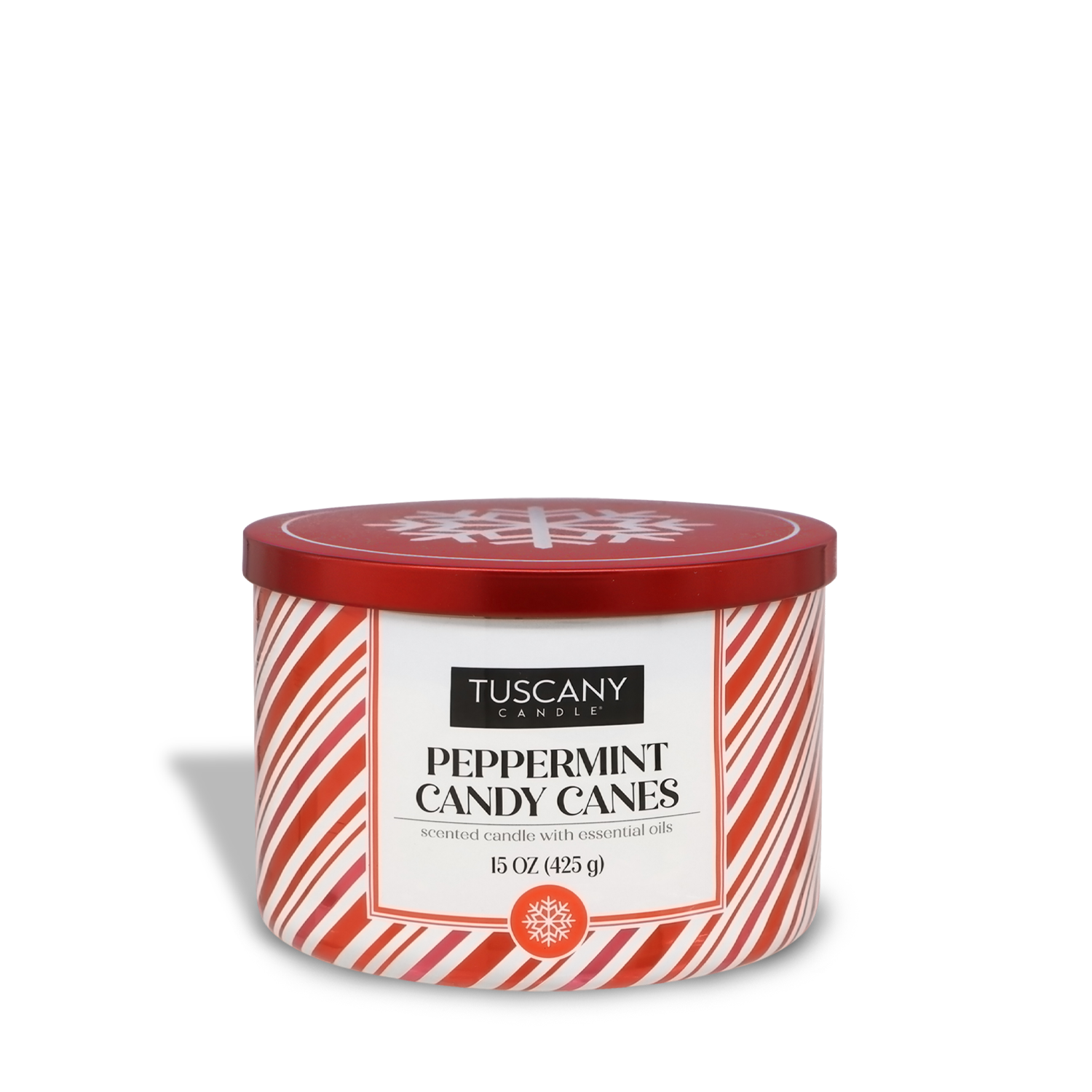 A red and white striped Tuscany Candle® SEASONAL container labeled "Peppermint Candy Canes Scented Jar Candle (15 oz)," holding a scented candle with essential oils.