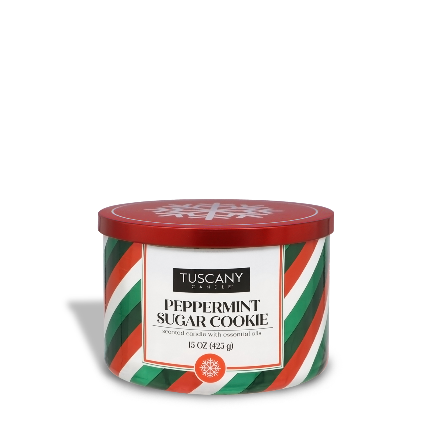 A Tuscany Candle® SEASONAL Peppermint Sugar Cookie Scented Jar Candle with essential oils, weighing 15 oz (425 g), in a circular container with a red, green, and white striped design.