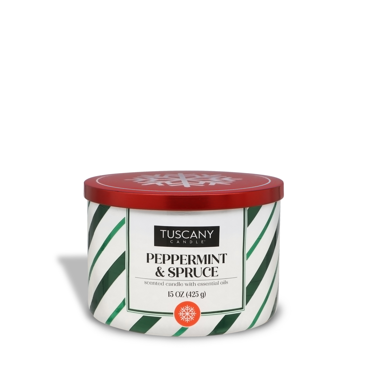 A Tuscany Candle® SEASONAL "Peppermint & Spruce Scented Jar Candle (15 oz)" featuring a red lid and green striped design, contains essential oils.