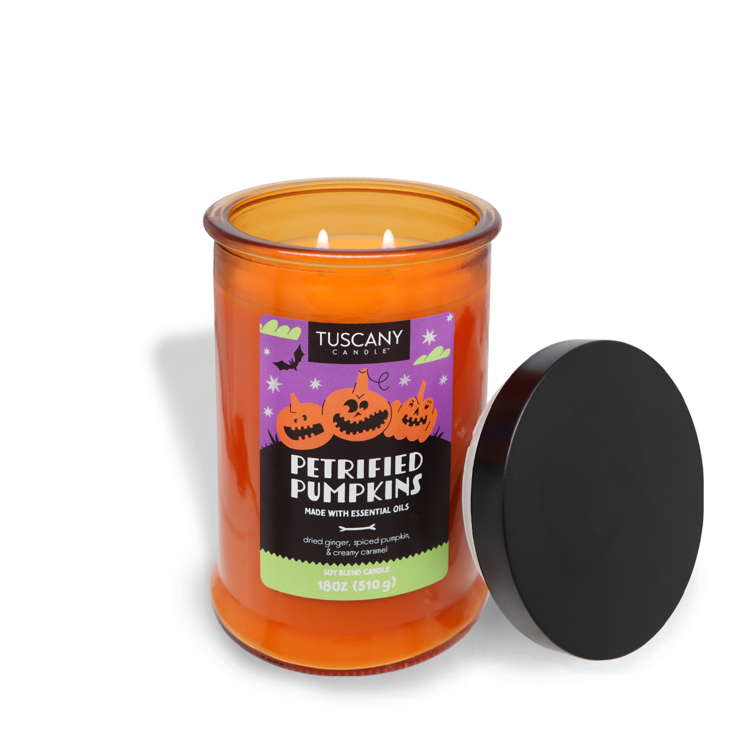 An 18oz Tuscany Candle® SEASONAL labeled "Petrified Pumpkins Long-Lasting Scented Jar Candle (18 oz)" from a limited-run collection, featuring a Halloween-themed design and lid off. This scented candle boasts an orange wax with two wicks, made with essential oils for an enchanting autumn aroma.