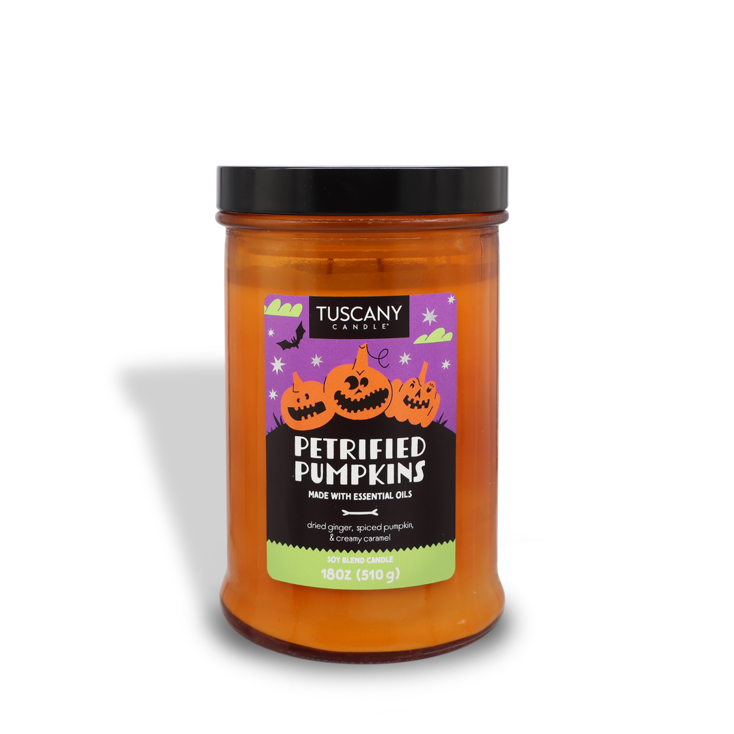 A Tuscany Candle® SEASONAL jar labeled "Petrified Pumpkins Long-Lasting Scented Jar Candle (18 oz)," featuring illustrations of carved pumpkins on the front. Part of a limited-run collection, this 18 oz (510 g) orange candle with a black lid is infused with essential oils to create a distinctively aromatic experience.