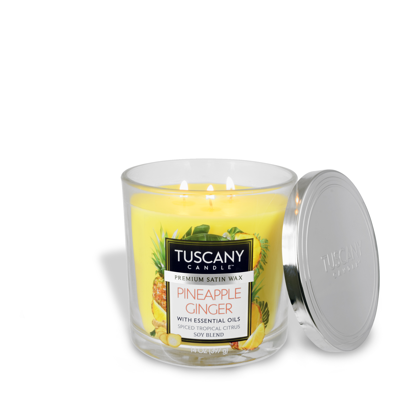 Indulge in the delightful fragrance of Tuscany Candle's Pineapple Ginger Long-Lasting Scented Jar Candle (14 oz), infused with essential oils for a captivating aroma experience.