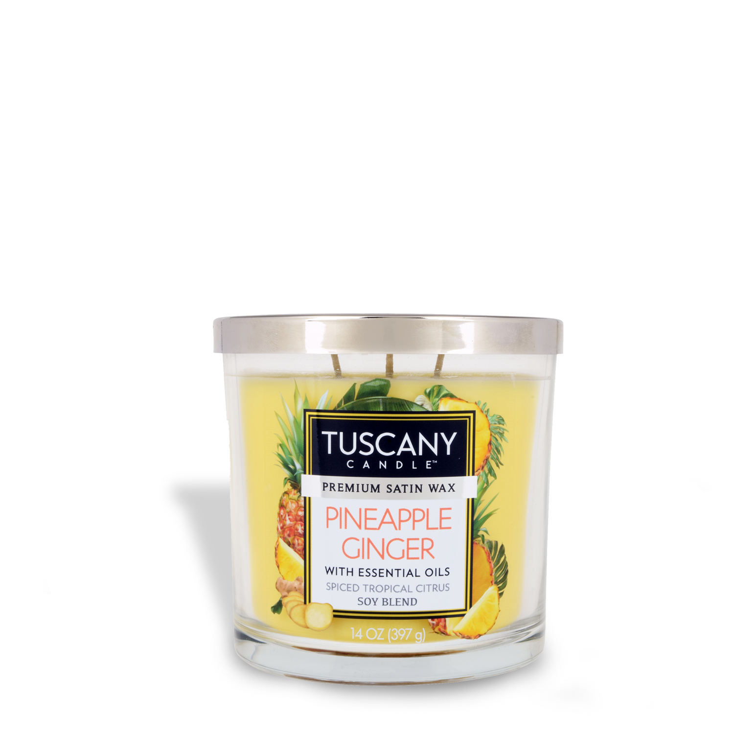 A delightful Tuscany Candle Pineapple Ginger Long-Lasting Scented Jar Candle (14 oz) infused with essential oils.