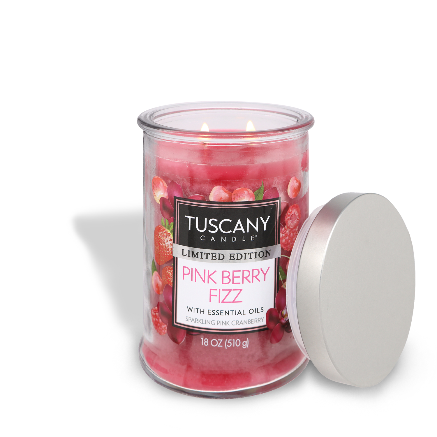 Enjoy the sweet aroma of Tuscany Candle® SEASONAL Pink Berry Fizz Long-Lasting Scented Jar Candle (18 oz).