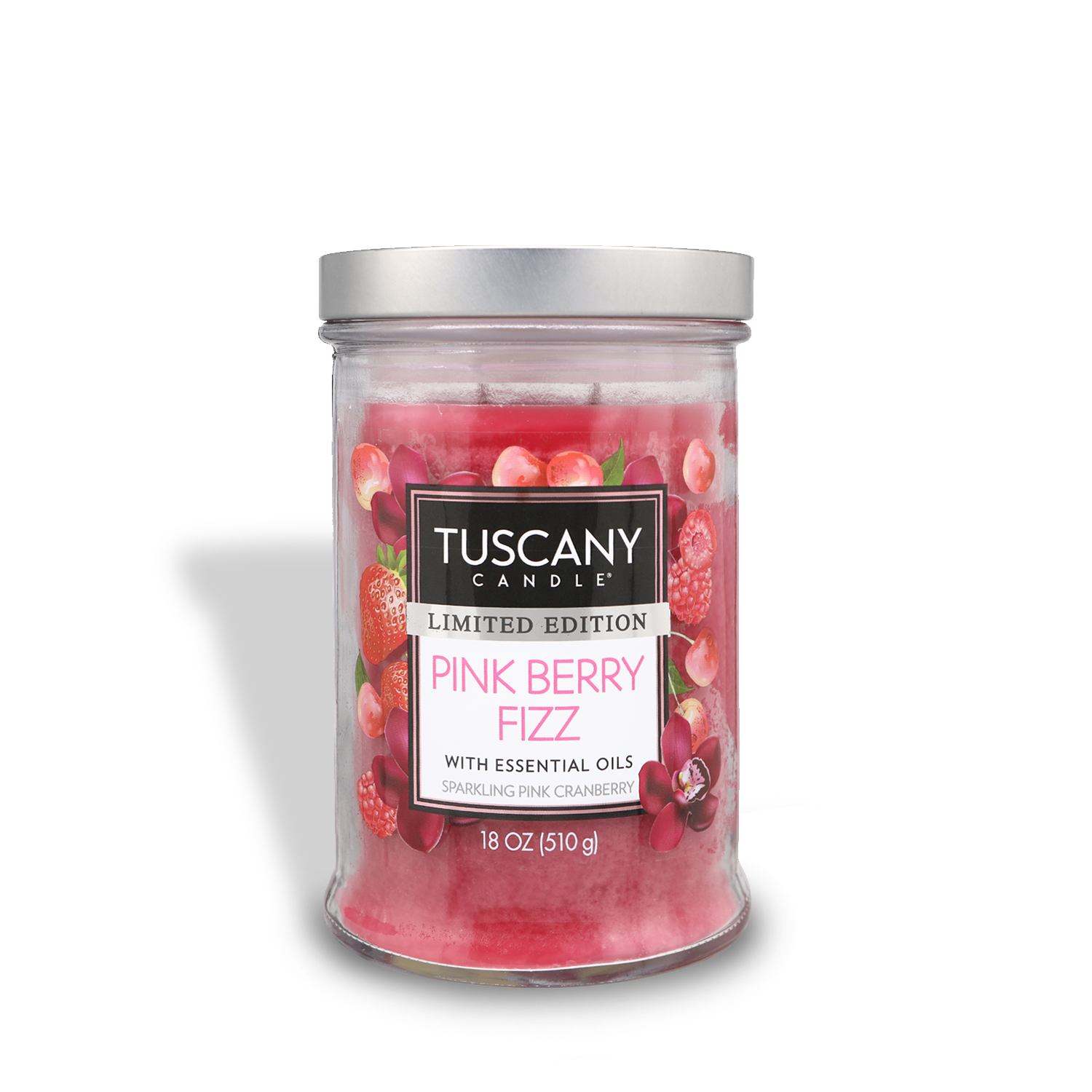 A Pink Berry Fizz Long-Lasting Scented Jar Candle (18 oz) from the Tuscany Candle® SEASONAL Collection.