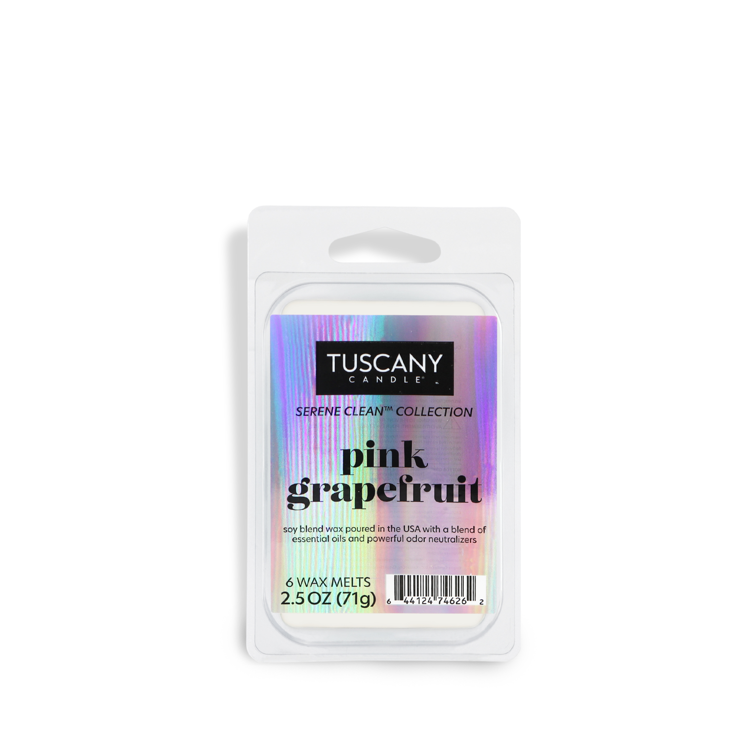 The 2.5 oz Tuscany Candle® EVD wax melts, in Pink Grapefruit from the Serene Clean Collection, offer odor control for a refreshing scent.