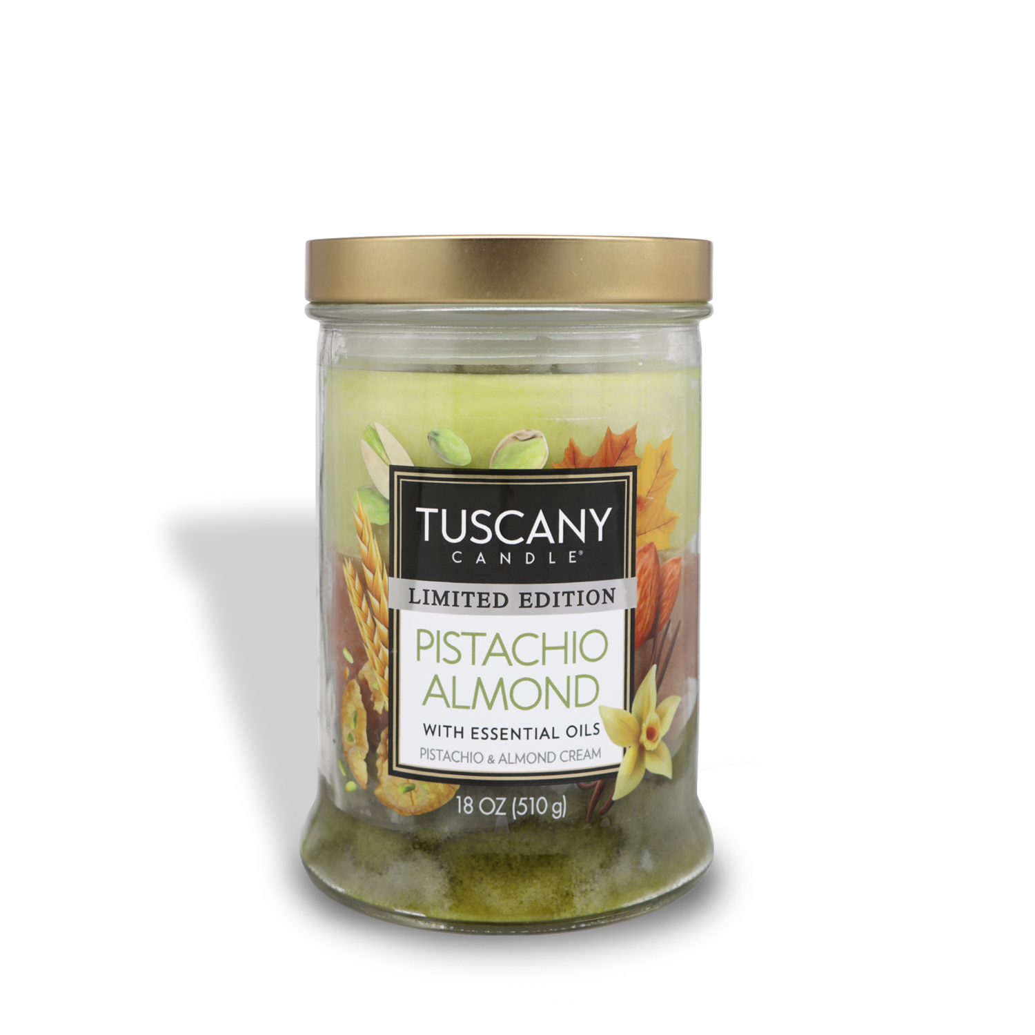 A jar of Tuscany Candle® SEASONAL, limited edition, Pistachio Almond Long-Lasting Scented Jar Candle (18 oz) with essential oils. Featuring a burn time of up to 50 hours, the jar is labeled 18 oz (510 g).