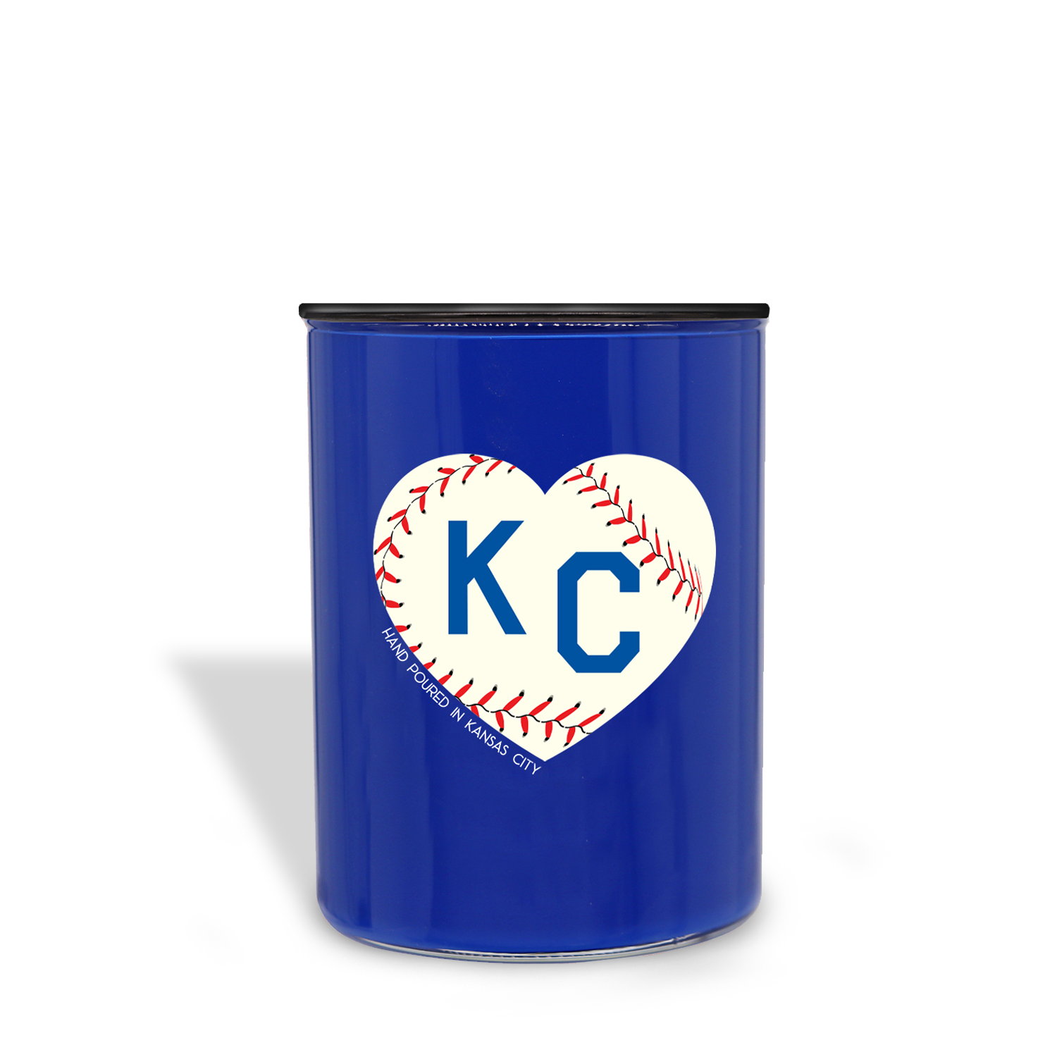 The Play Ball! Scented Baseball KC Heart Candle (13 oz) from Tuscany Candle x Charlie Hustle features a blue canister with a black lid, heart-shaped KC baseball design, and is filled with leather-scented wax.