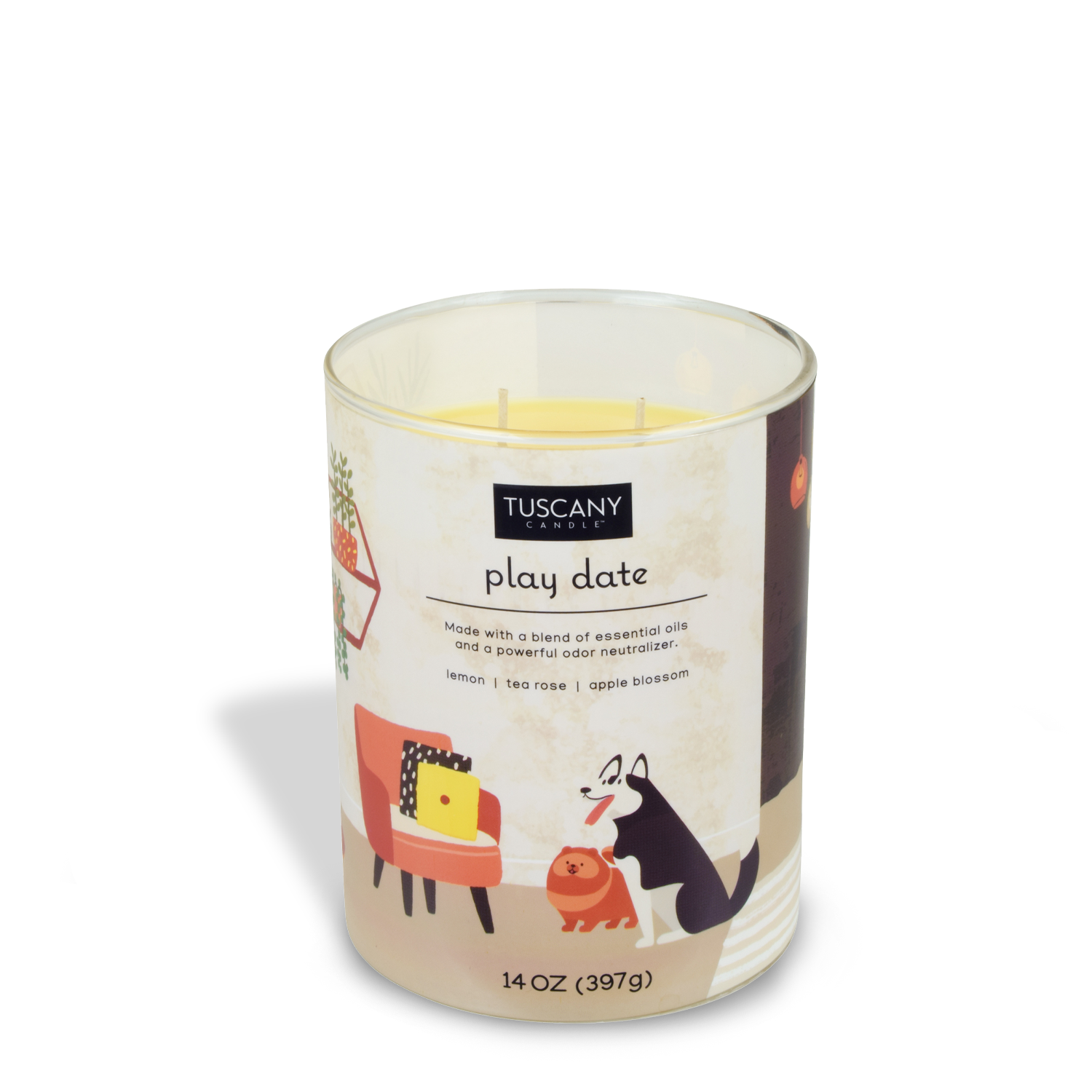 A Tuscany Candle Play Date Scented Jar Candle (14 oz) from their Pet Odor Control Collection with a picture on it is used to neutralize pet odors.