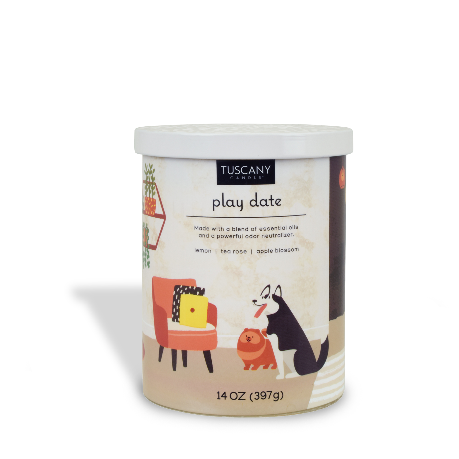 A tin of Play Date Scented Jar Candle (14 oz) - Pet Odor Control Collection by Tuscany Candle on a white surface, neutralizes pet odors.