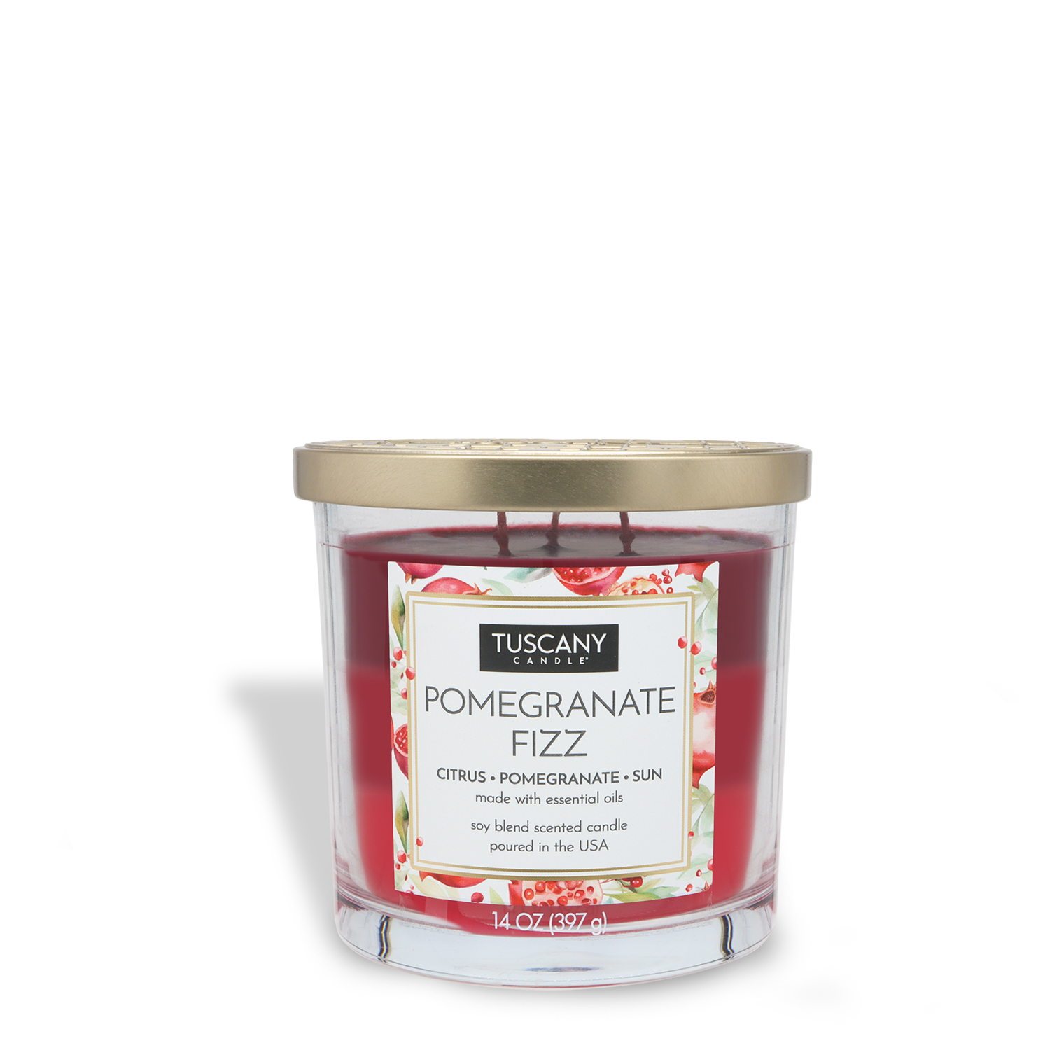 The Tuscany Candle® EVD Pomegranate Fizz Long-Lasting Scented Jar Candle (14 oz) features three wicks, a gold lid, red wax, and pomegranate imagery on the label for a delightful, lasting pomegranate scent.