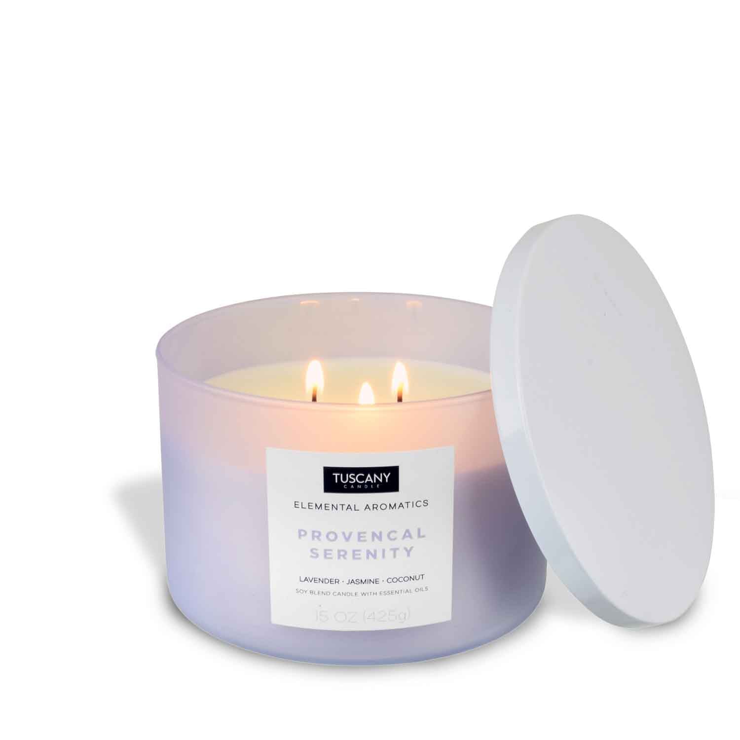 A Provencal Serenity scented candle in a white container with a lid, perfect for relaxation. (Brand: Tuscany Candle)