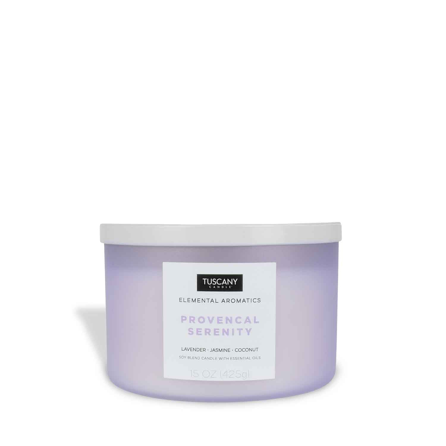 A Provencal Serenity Scented Jar Candle (15 oz) from the Elemental Aromatics Collection by Tuscany Candle, on a white background, promoting relaxation.