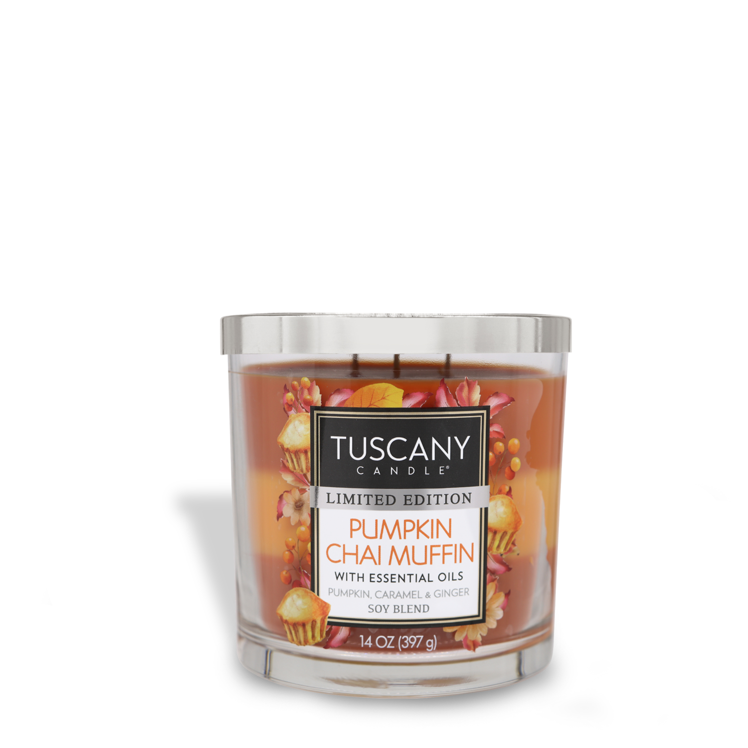 A 14 oz Tuscany Candle® SEASONAL in a glass jar, labeled "Pumpkin Chai Muffin Long-Lasting Scented Jar Candle (14 oz)," featuring fragrant notes of pumpkin, caramel, and ginger. This scented jar candle with essential oils offers a cozy atmosphere and a burn time of 50 hours.