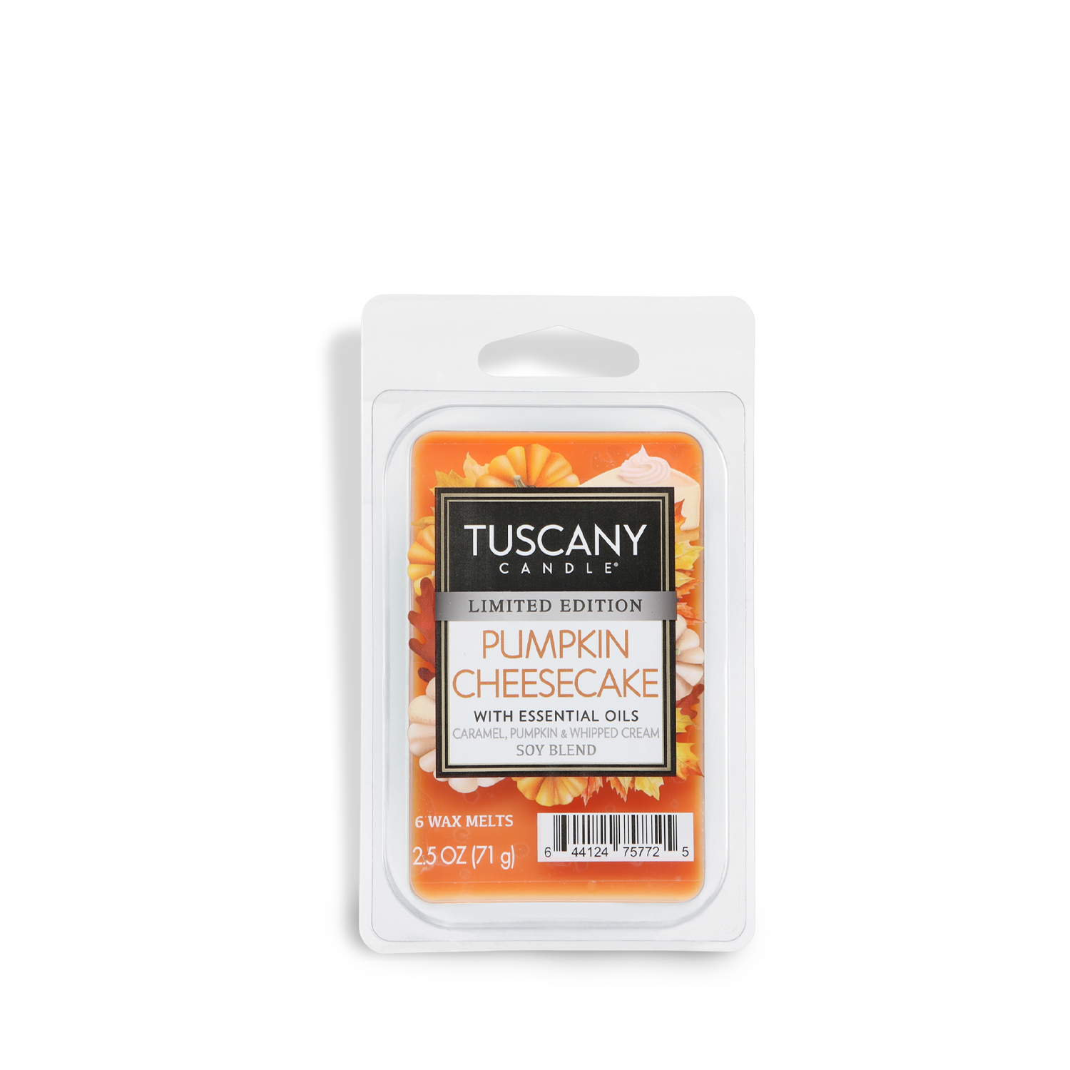 A 2.5 oz Tuscany Candle® SEASONAL Pumpkin Cheesecake: Vanilla & Roasted Cinnamon Scented Fall Wax Melt in a clear plastic container.