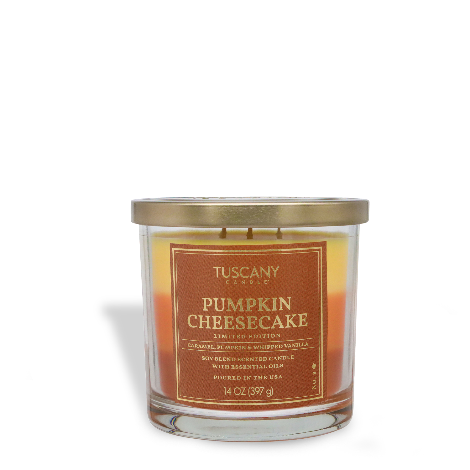 Tuscany Candle® SEASONAL 14 oz glass jar candle, "Pumpkin Cheesecake: Vanilla & Roasted Cinnamon Scent," perfect for fall.
