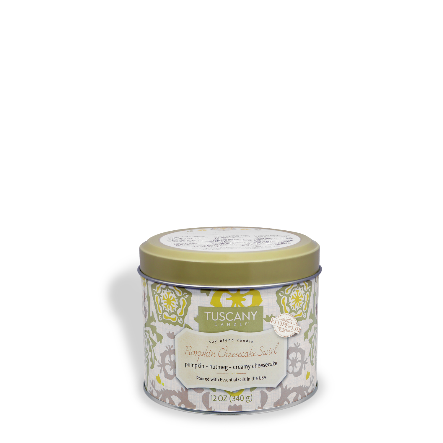 The Tuscany Candle® SEASONAL 12 oz Pumpkin Cheesecake Swirl: Cinnamon & Vanilla Scented Fall Candle from the Bakery Tins Collection features a green lid and a decorative patterned tin.