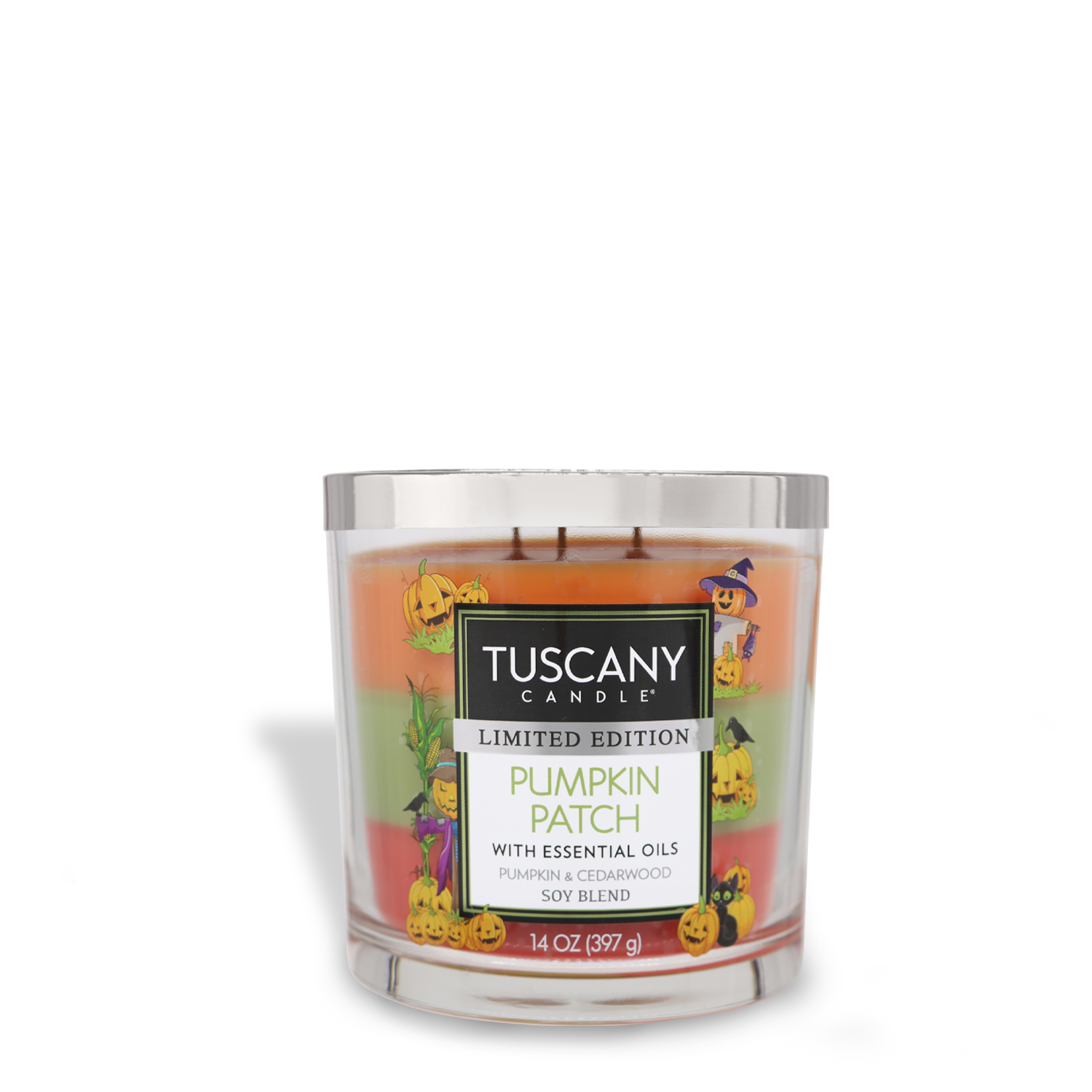 A 14 oz Tuscany Candle® SEASONAL Pumpkin Patch Long-Lasting Scented Jar Candle with premium satin wax and essential oils, displaying Halloween-themed images such as pumpkins, scarecrows, and witches on the label.