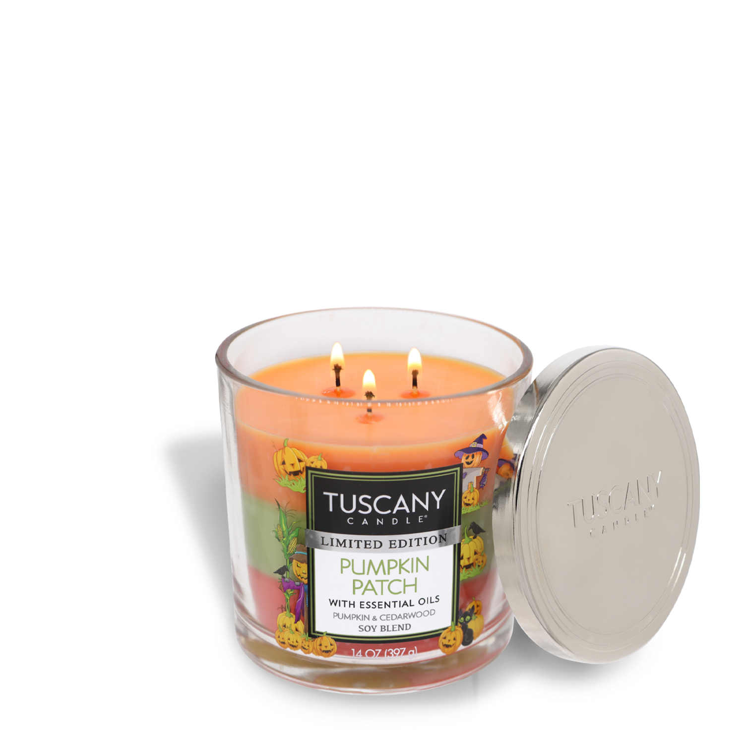 A Tuscany Candle® SEASONAL in a glass jar with a lit three-wick, labeled "Pumpkin Patch Long-Lasting Scented Jar Candle (14 oz)" with essential oils. The 14 oz scented jar candle features premium satin wax and delightful fragrance notes of autumn spices. The candle is orange, and the lid is off, placed beside the jar.