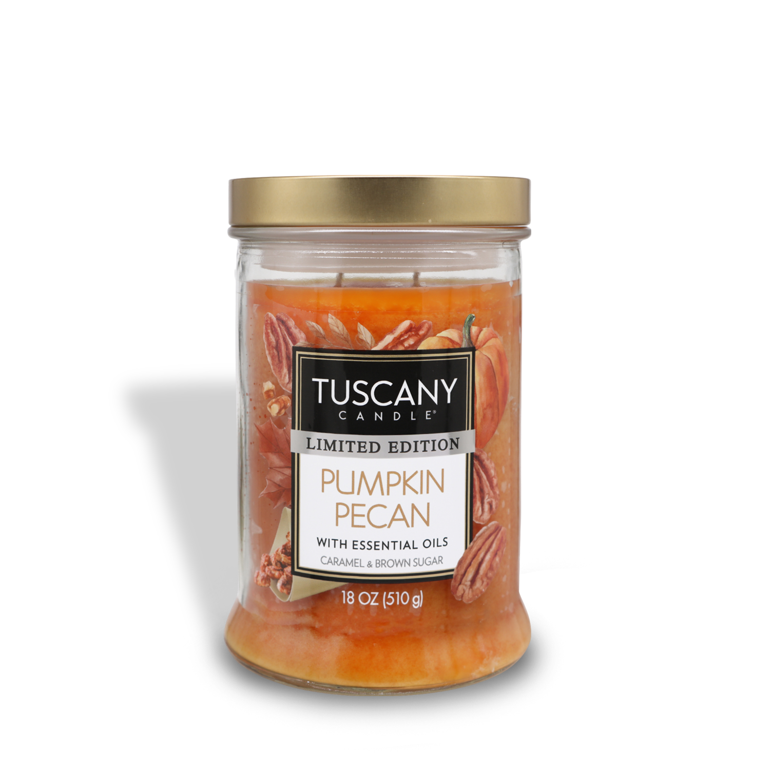 A Tuscany Candle® SEASONAL from the Tuscany Classic Collection labeled "Pumpkin Pecan Long-Lasting Scented Jar Candle (18 oz)" in an 18 oz jar with a gold lid, highlighting it's a limited edition with essential oils, caramel, and brown sugar for a rich aroma.