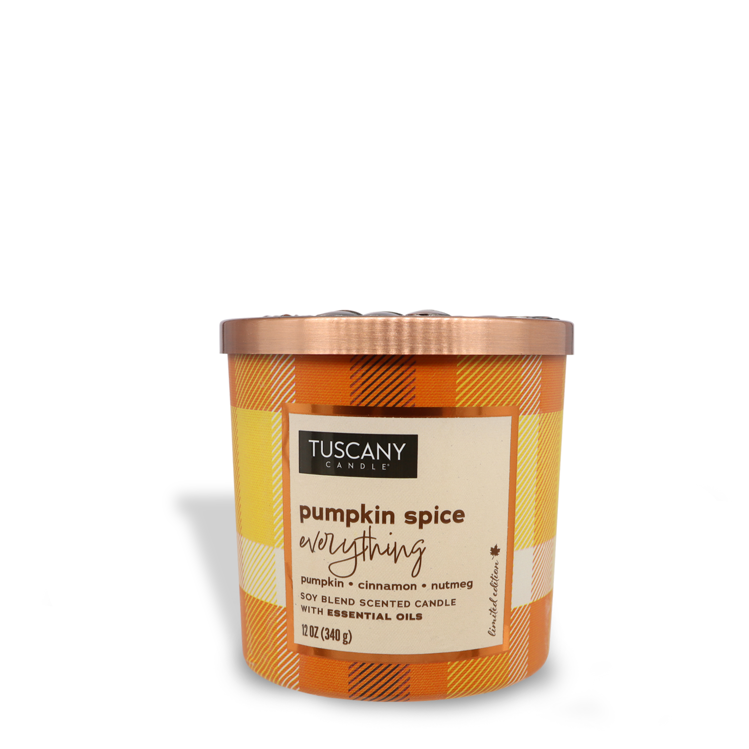 The Pumpkin Spice Everything Long-Lasting Scented Jar Candle (12 oz) from the Autumn Flannels Collection by Tuscany Candle® SEASONAL comes in an orange plaid container with a copper lid, featuring cozy pumpkin, cinnamon, and nutmeg scents that are perfect for fall.