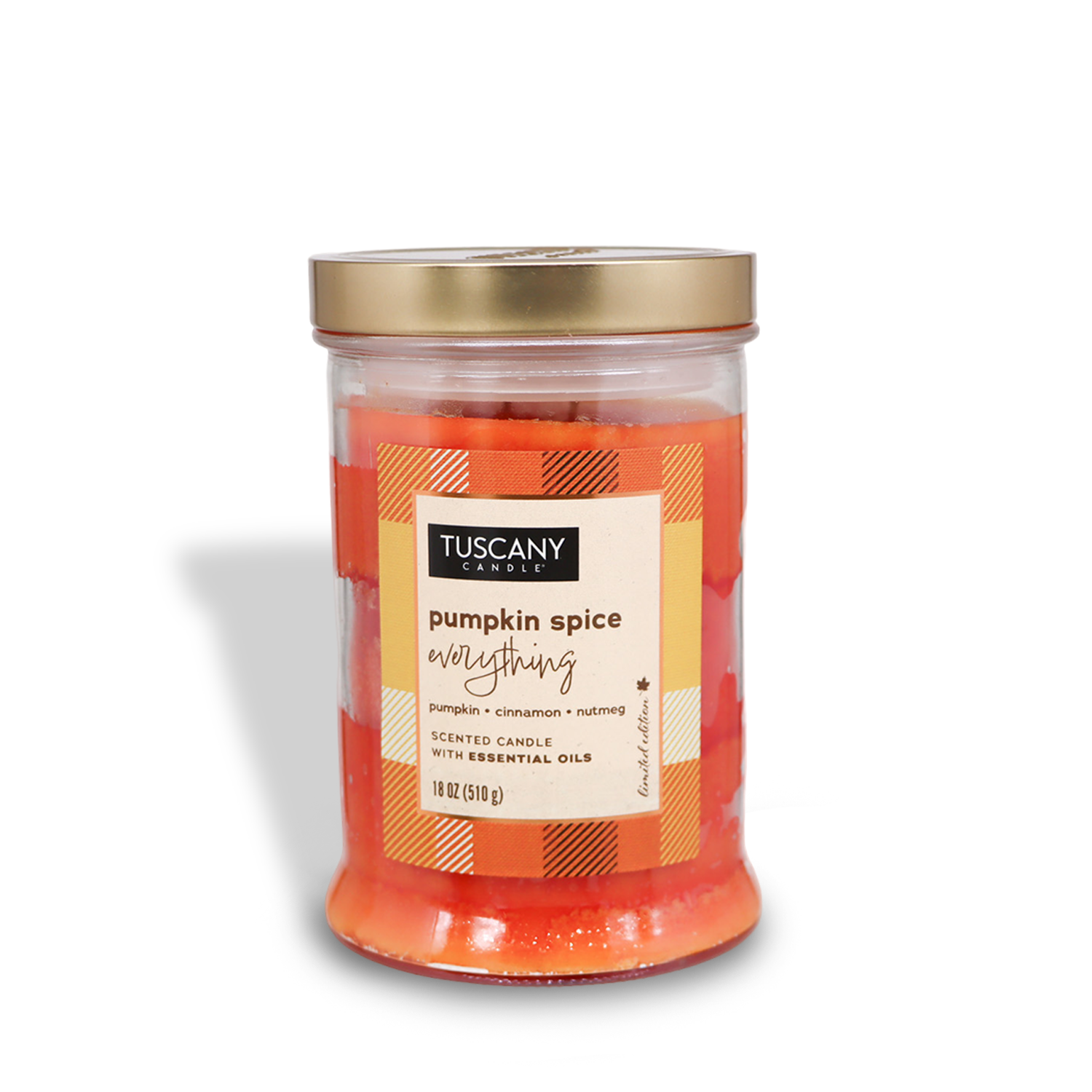 A Tuscany Candle® SEASONAL Pumpkin Spice Everything Long-Lasting Scented Jar Candle (18 oz) from the Autumn Flannels Collection. This orange candle with a gold lid combines the scents of pumpkin, cinnamon, and nutmeg with essential oils.