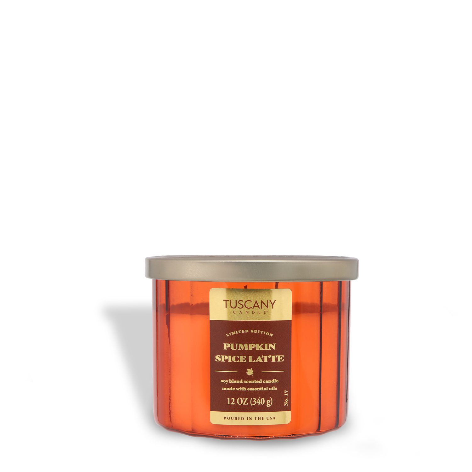 A 12 oz Tuscany Candle® SEASONAL "Pumpkin Spice Latte: Oatmilk & Dark Roast" fall scented candle in an orange glass with gold lid.