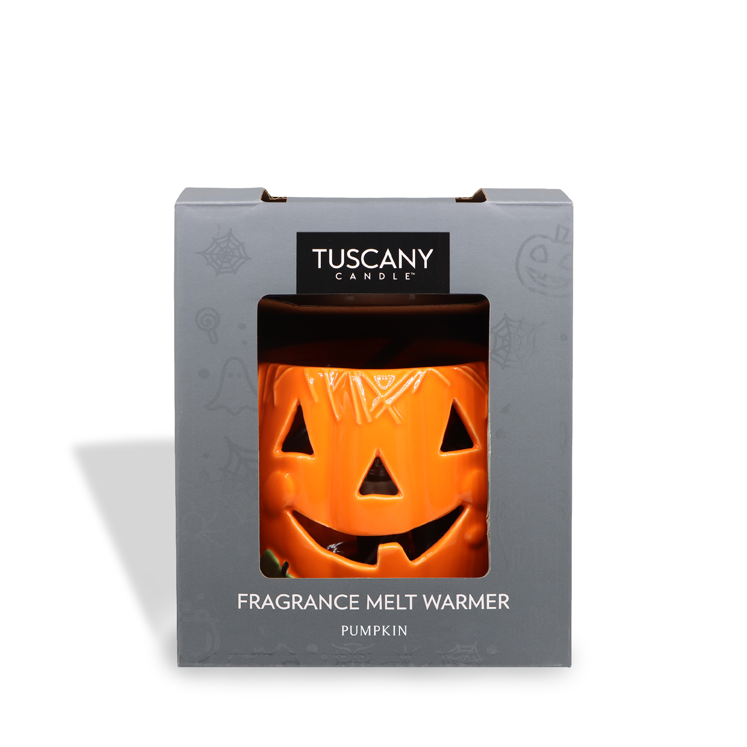 The Tuscany Candle® SEASONAL Pumpkin Wax Melt Warmer is orange and pumpkin-shaped, ideal for jack-o’-lantern décor, and comes in a gray box labeled “Pumpkin.”.
