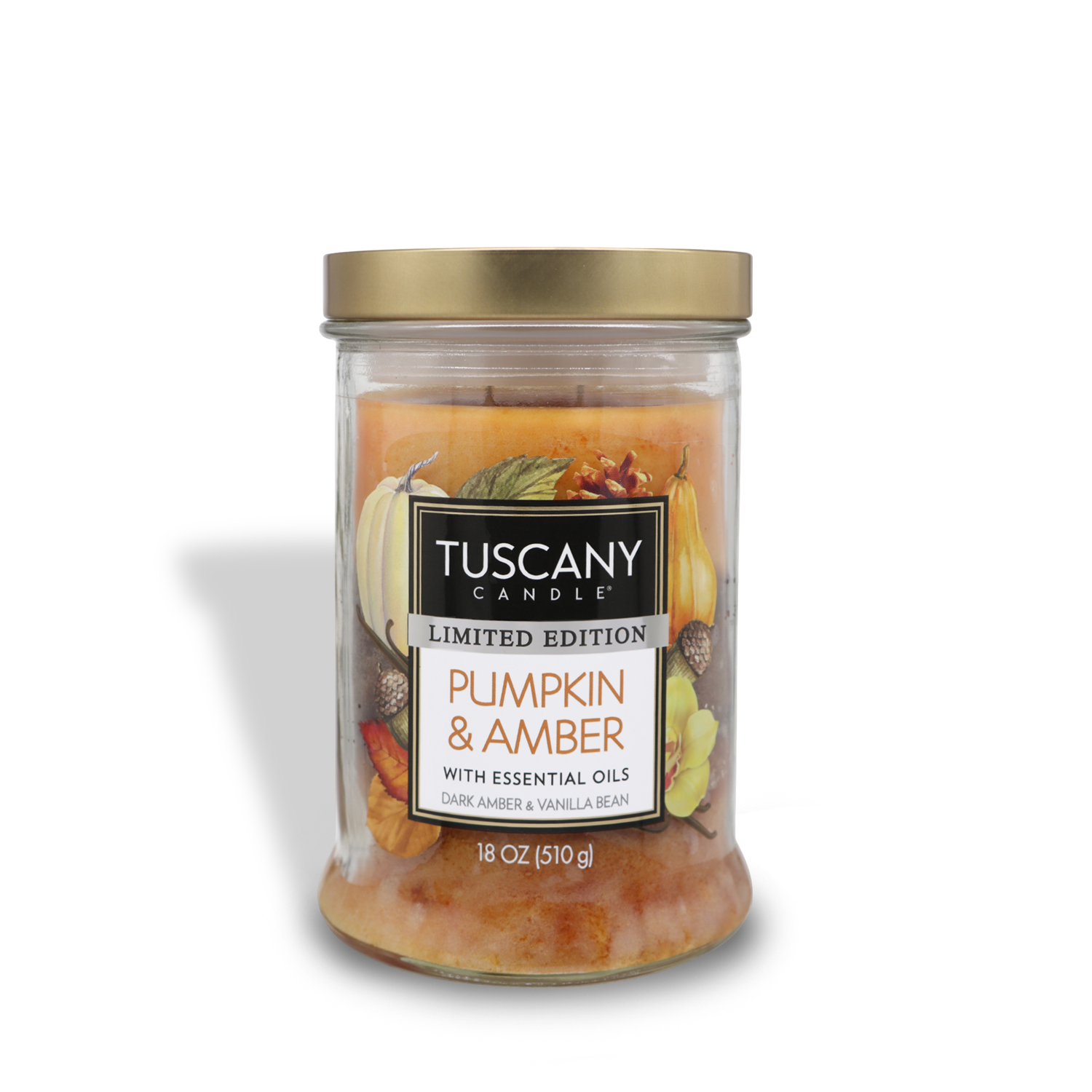 A Tuscany Candle® SEASONAL Pumpkin & Amber Long-Lasting Scented Jar Candle (18 oz) in a clear glass jar with a gold lid, labeled "Limited Edition Pumpkin & Amber." This 18 oz (510 g) scented candle features a dark amber and vanilla bean scent, crafted with essential oils for an enhanced aroma.