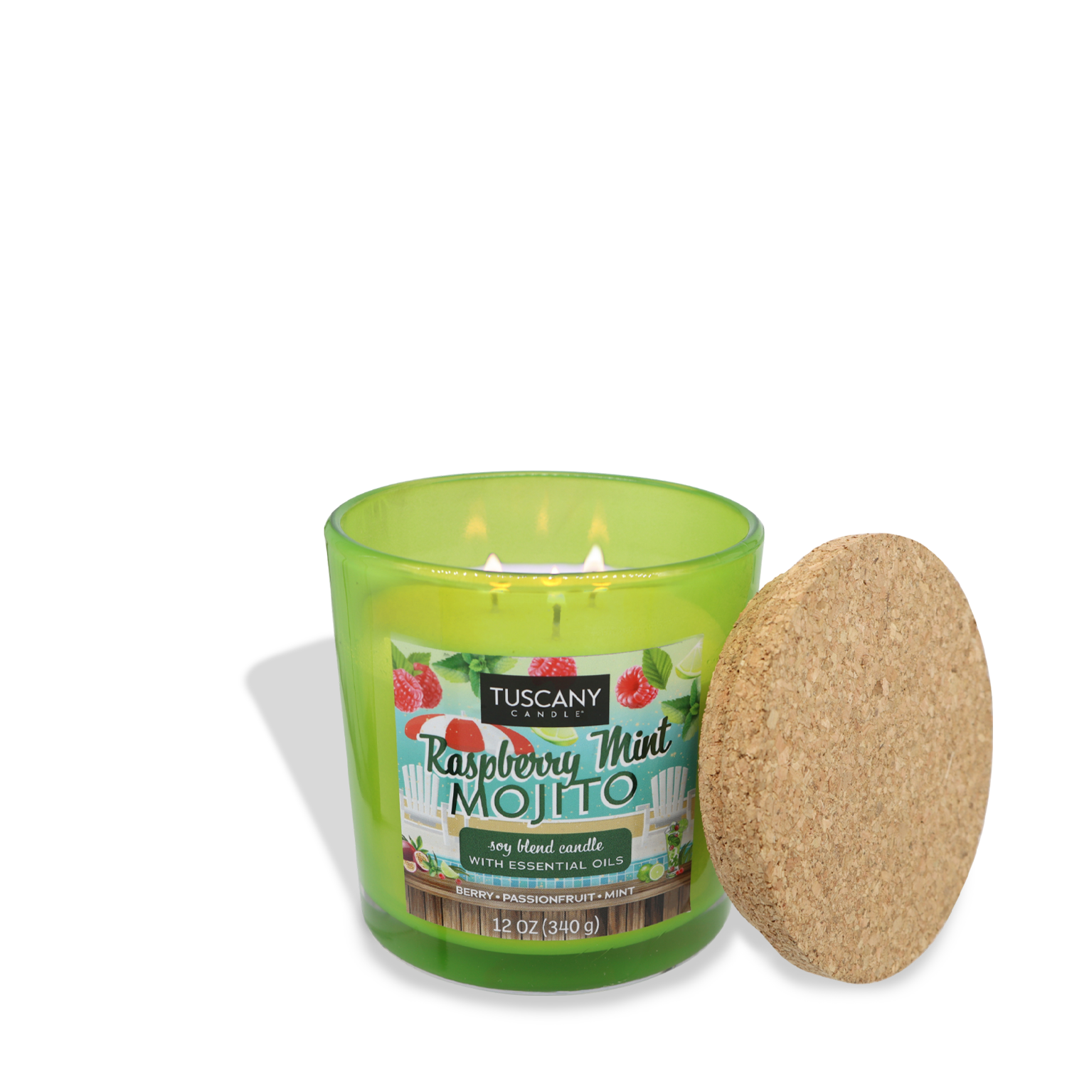A green candle in a glass jar labeled "Raspberry Mint Mojito (12 oz) – Sunset Beach Bar Collection" by Tuscany Candle® SEASONAL, with a cork lid beside it. The candle, a soy blend with essential oils, emits the invigorating scent of raspberries and freshly crushed mint as it softly glows.