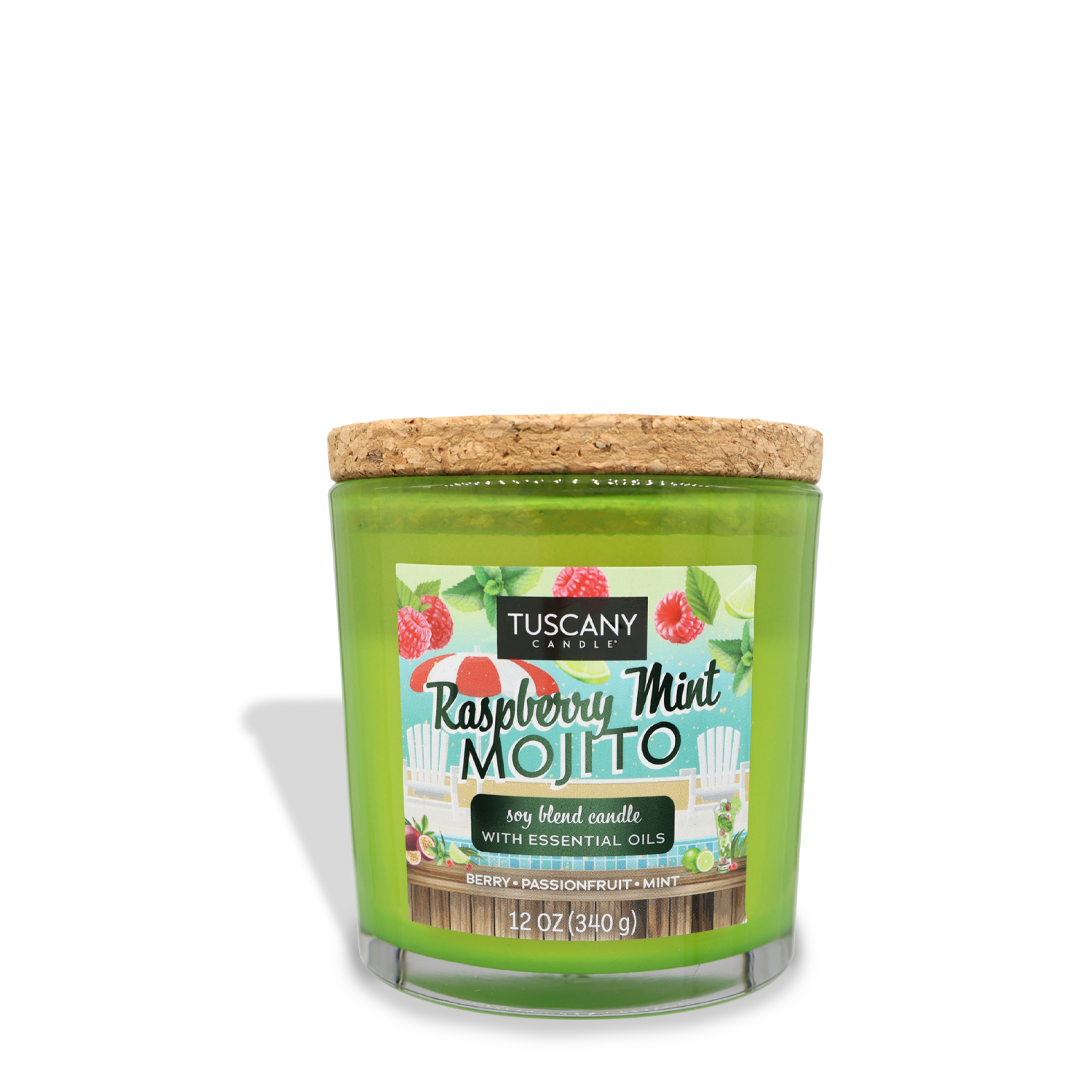 A green Tuscany Candle® SEASONAL labeled "Raspberry Mint Mojito (12 oz) – Sunset Beach Bar Collection," infused with essential oils and the scent of freshly crushed mint. The candle, topped with a cork lid, weighs 12 oz (340 g).