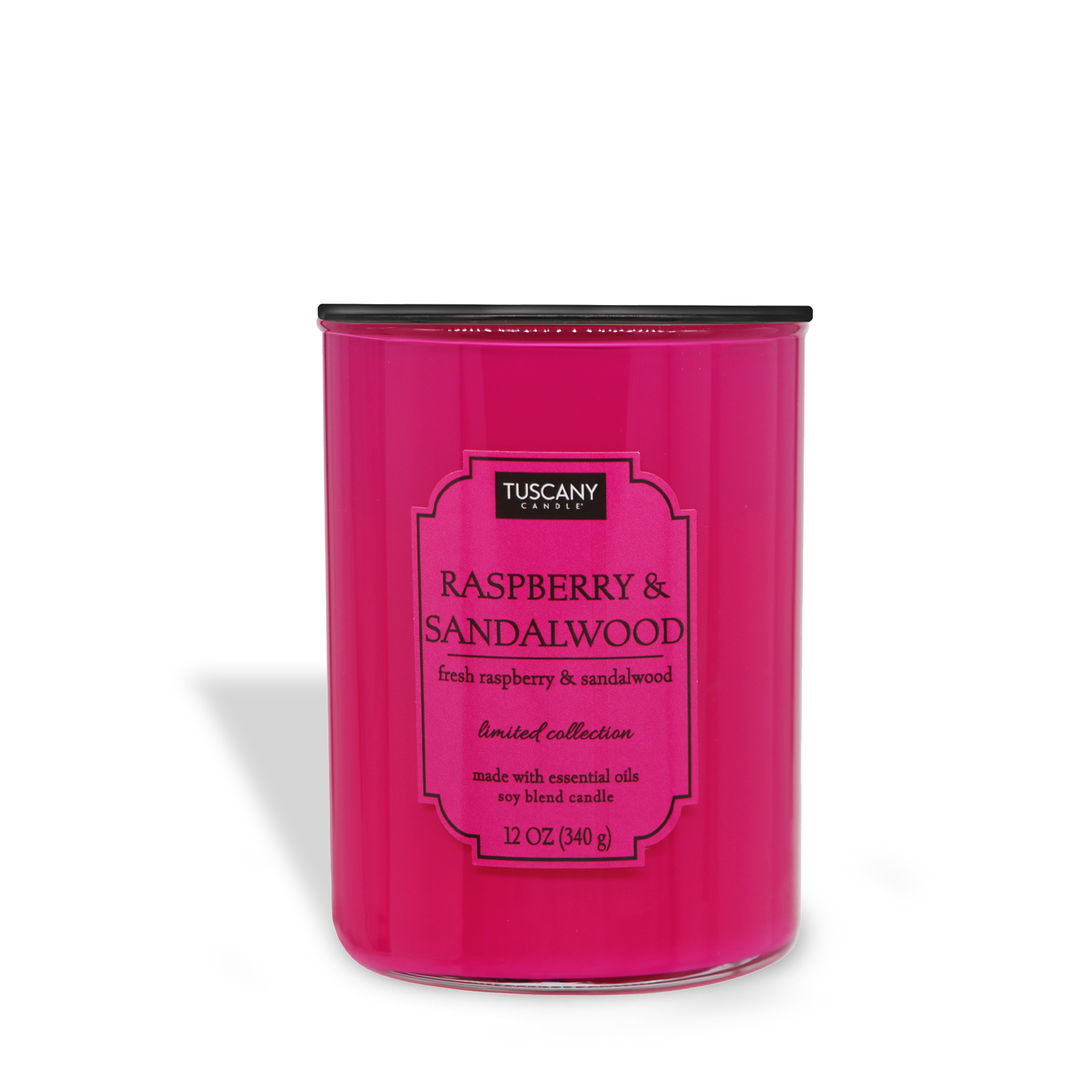 A vibrant pink Raspberry & Sandalwood (12 oz) Colorsplash collection candle, made with essential oils and soy blend, by Tuscany Candle® EVD.