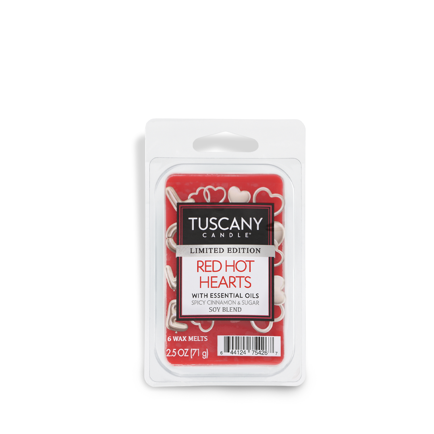 Tuscany Candle® SEASONAL presents the "Red Hot Hearts: Cinnamon & Sugar Scented Valentine’s Wax Melt" (2.5 oz), offering a romantic cinnamon aroma with a sweet sugary touch, ideal for creating a Valentine's Day atmosphere.