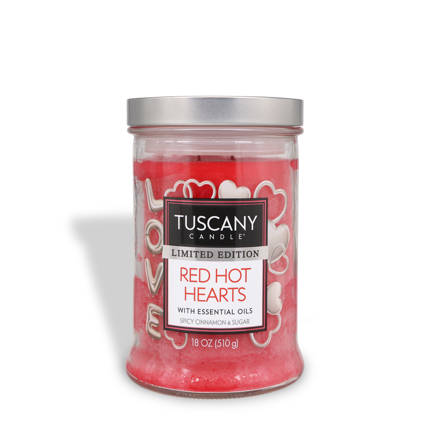 The Tuscany Candle® SEASONAL "Red Hot Hearts: Cinnamon Scented Valentine’s Day Candle" (18 oz) is a long-lasting scented jar candle infused with cinnamon. It showcases a red candle decorated with white hearts and the word "Love," making it an ideal gift for Valentine's Day.