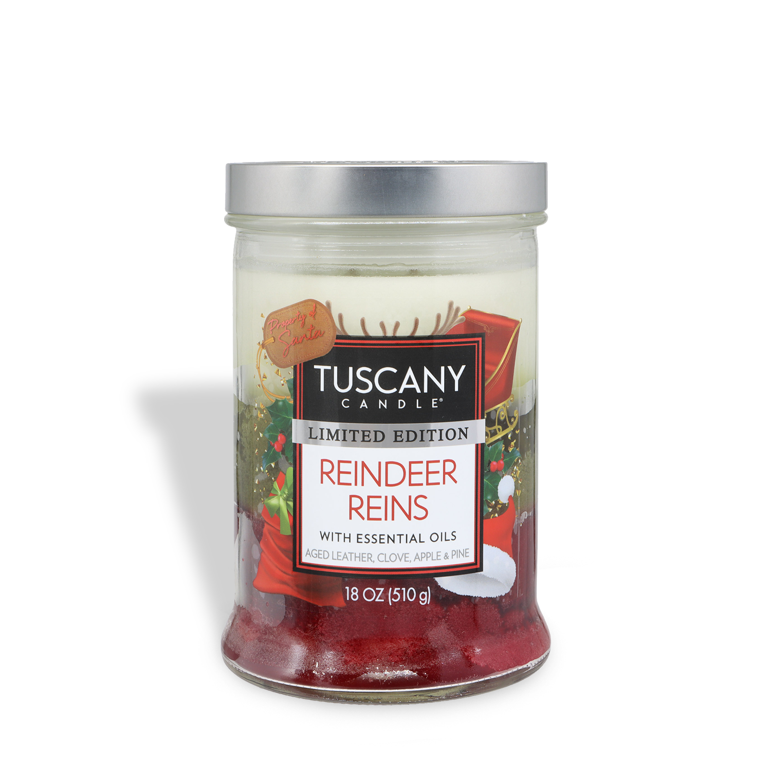 Tuscany Candle® SEASONAL "Reindeer Reins: Aged Leather & Pine" holiday candle, 18 oz, features scents of aged leather, clove, apple, and pine in a glass jar.