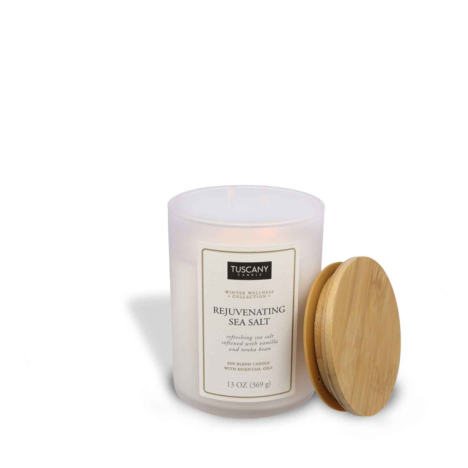 Aromatherapy candle named Refreshing Sea Salt, exuding serenity with its white wax and presented in a chic matte-finished colored glass jar.