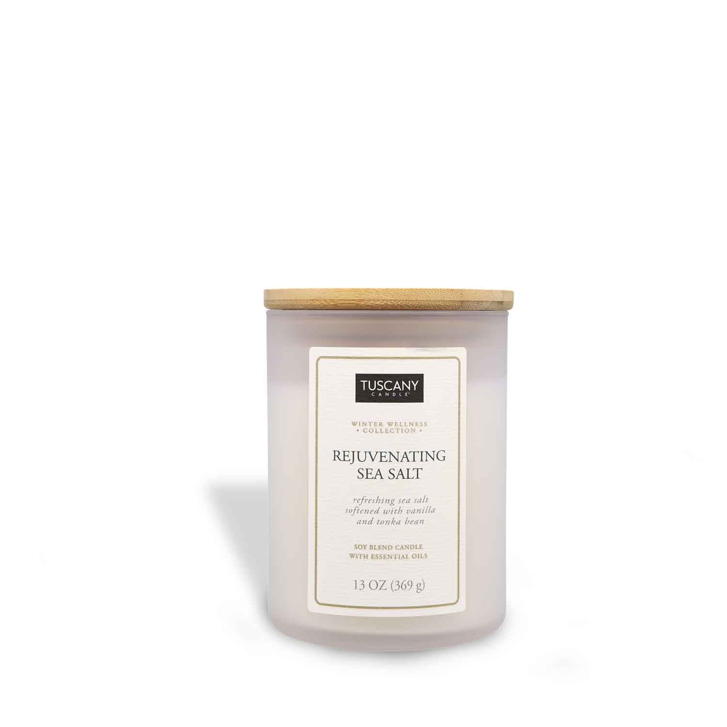 Refreshing Sea Salt candle from the Winter Wellness Aromatherapy collection, elegantly showcasing its white wax in a matte-finish colored jar, adorned with a simplistic paper label.