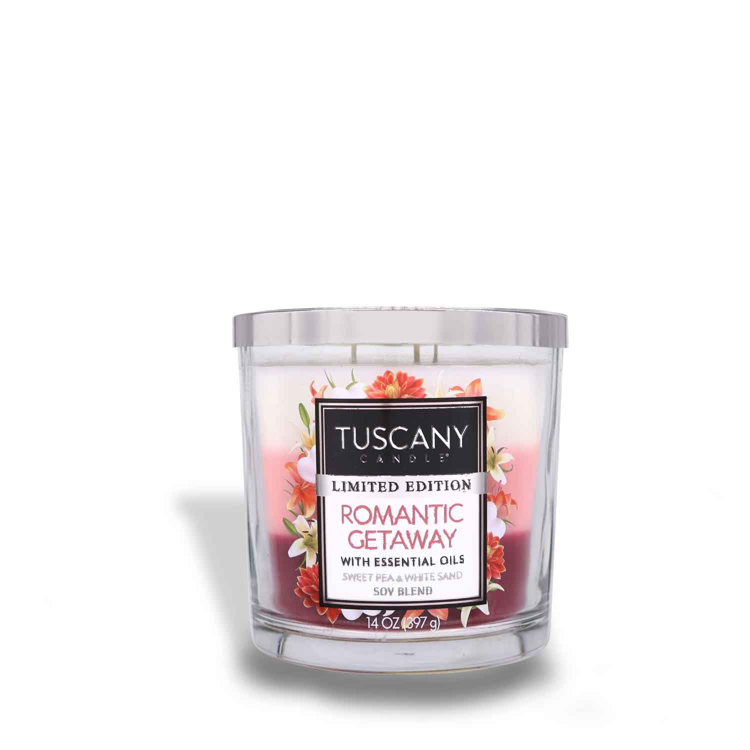 A Romantic Getaway Long-Lasting Scented Jar Candle (14 oz) in a glass container by Tuscany Candle® SEASONAL.