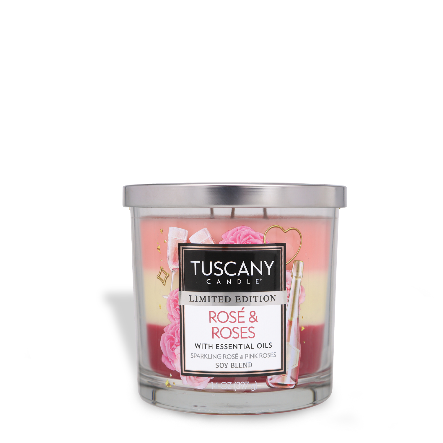 The Rosé & Roses: Floral Scented Valentine’s Day Candle (14 oz) by Tuscany Candle® SEASONAL is perfect for Valentine's Day, featuring three layers of color and essential oils. This long-lasting candle fills any room with the enchanting scent of rosé, creating a romantic and serene atmosphere.