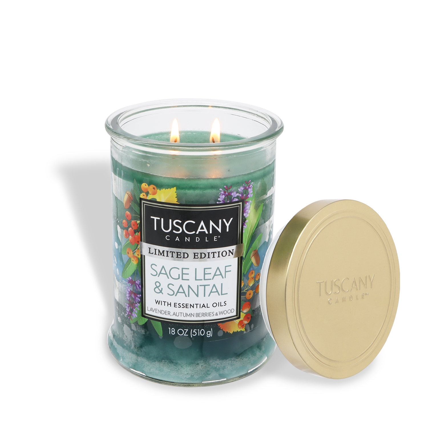 An 18 oz Tuscany Candle® SEASONAL "Sage Leaf & Santal: Lavender & Sage" fall candle with green wax, two wicks, and a gold lid set to the side.