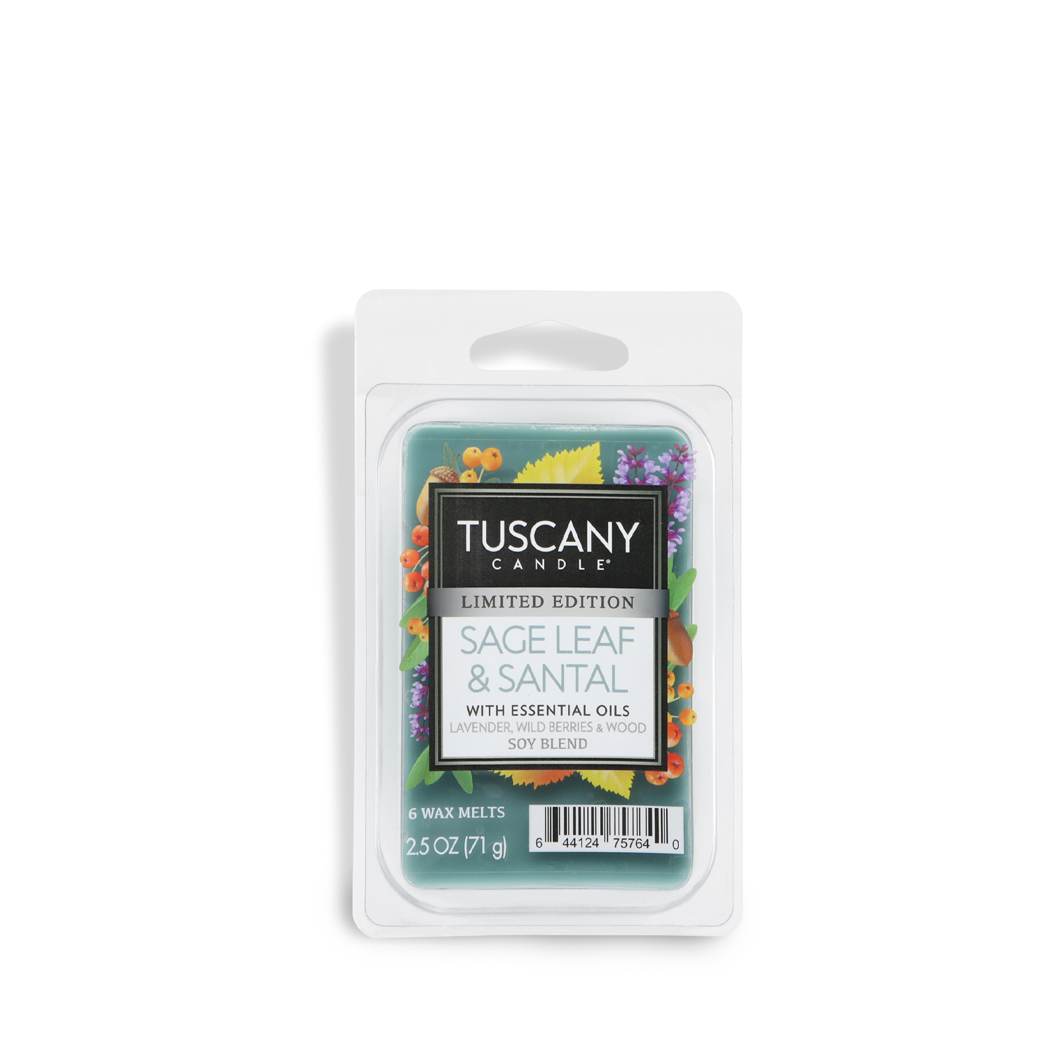 A limited edition Tuscany Candle® SEASONAL Sage Leaf & Santal: Lavender & Sage Scented Fall Wax Melt (2.5 oz) with essential oils and a floral design.