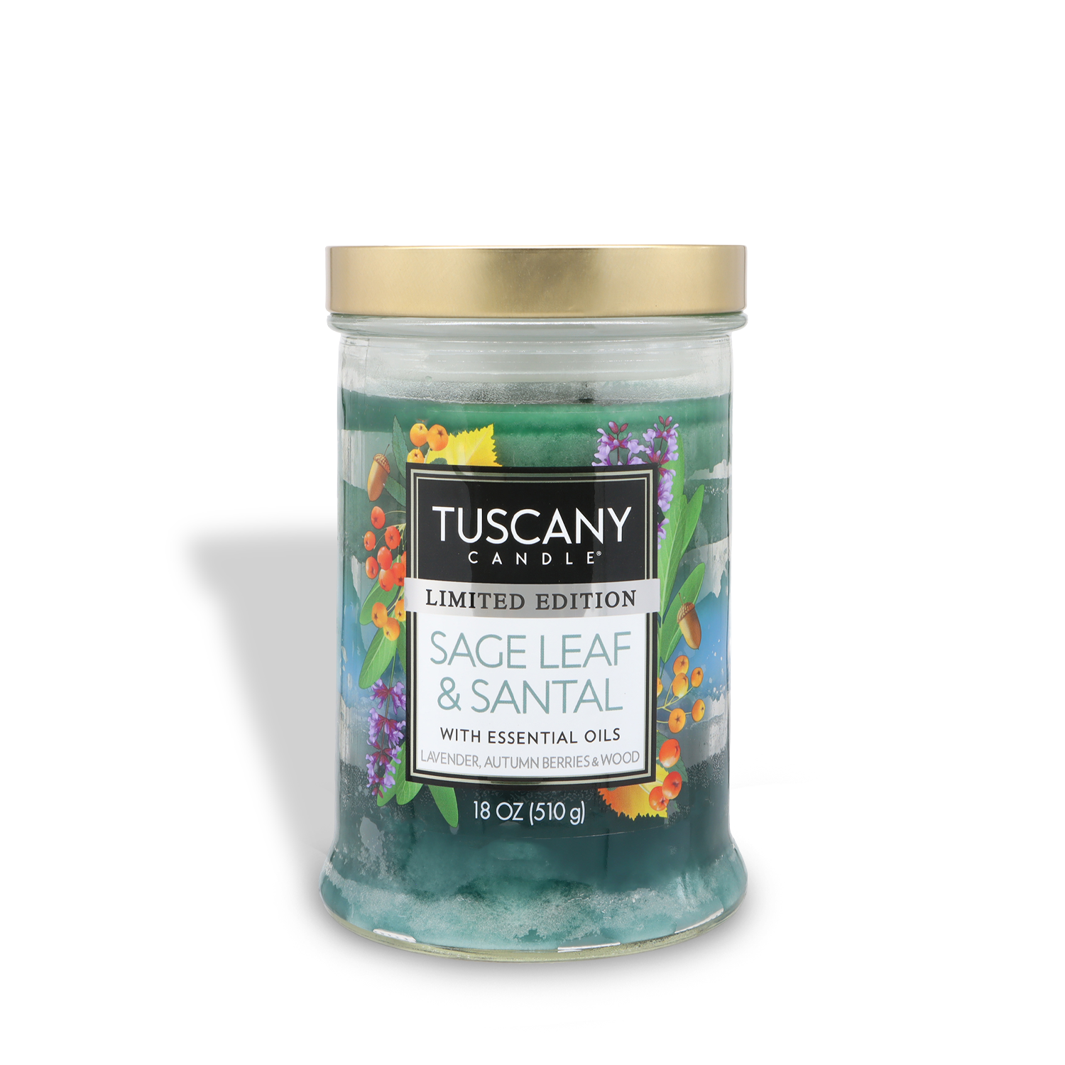 An 18 oz Tuscany Candle® SEASONAL jar candle, Sage Leaf & Santal: Lavender & Sage scent, features green wax and a gold lid.