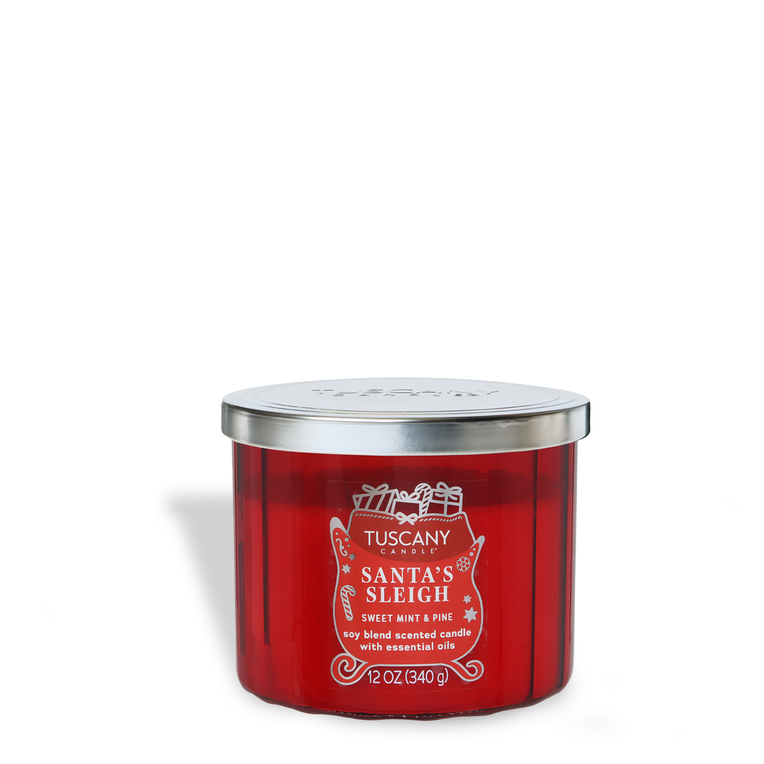 A 12 oz soy blend Tuscany Candle® SEASONAL jar, "Santa's Sleigh: Sweet Mint & Pine Scented Holiday Candle" from the Winter Icons Collection, with a red jar and silver lid.