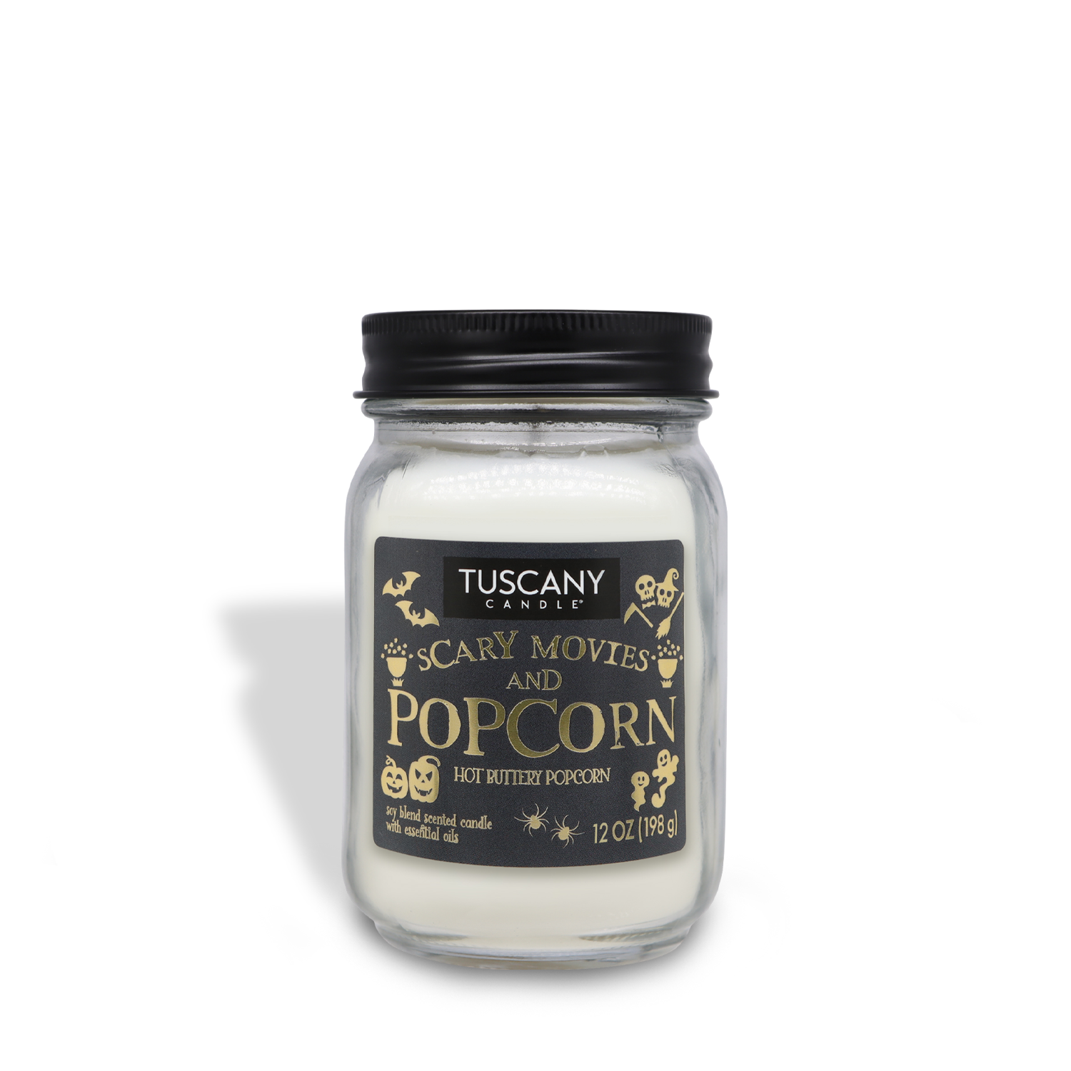 A Tuscany Candle® SEASONAL Scary Movies & Popcorn Long-Lasting Scented Jar Candle (12 oz) from the limited-run collection boasts a hot buttery popcorn scent and weighs 12 oz (340 g). This premium satin wax candle features a label adorned with Halloween-themed decorations.