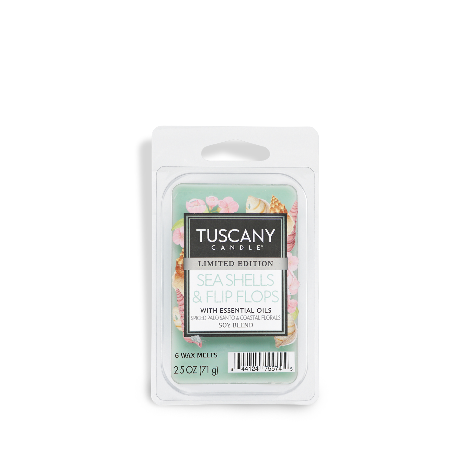 A Tuscany Candle® SEASONAL "Sea Shells & Flip Flops" Palo Santo scented summer wax melt (2.5 oz) in a limited edition is displayed in a clear plastic container.